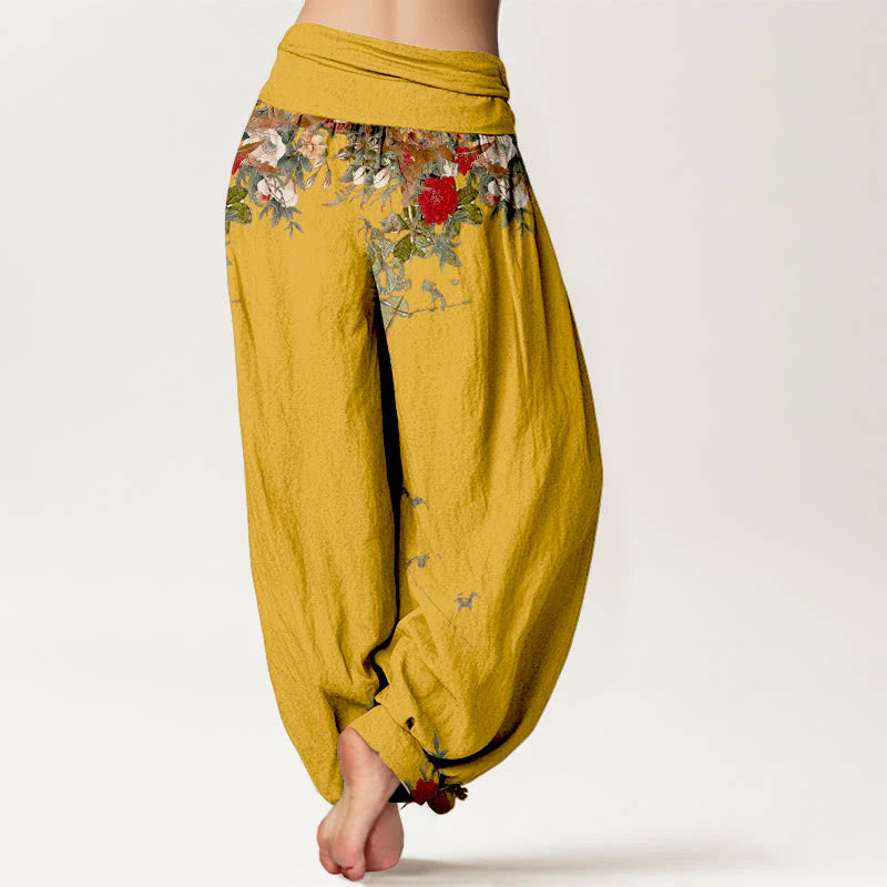 Buddha Stones Pure Cotton Colourful Flower Leaves Patterns Women's Elastic Waist Harem Pants