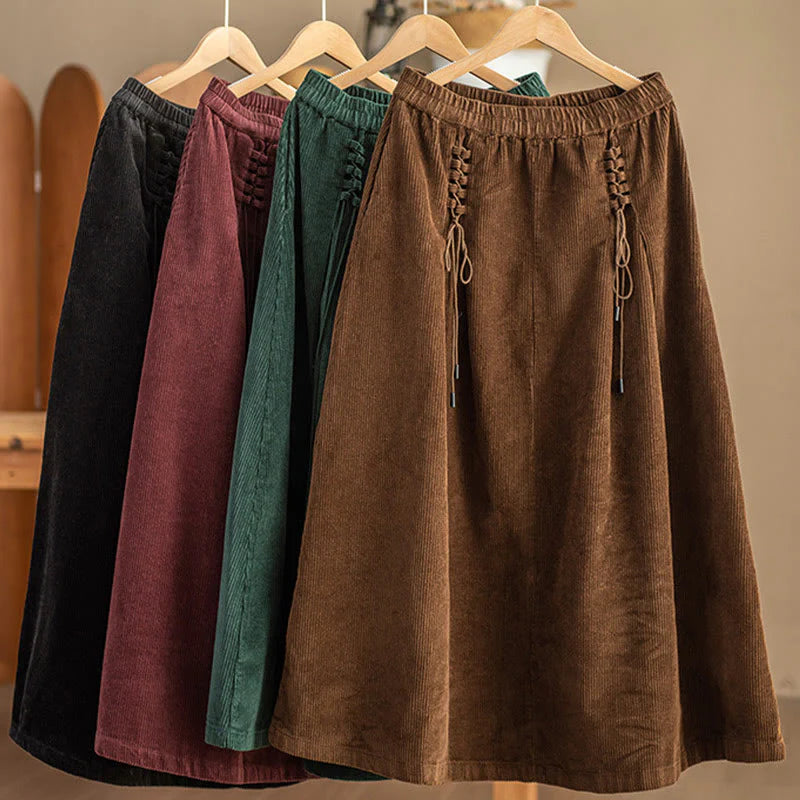 Buddha Stones Women's Plain Corduroy 7-8 Length Skirt With Pockets