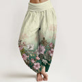 Buddha Stones Cotton Casual Gradient Petals Leaves Pattern Women's Elastic Waist Harem Pants