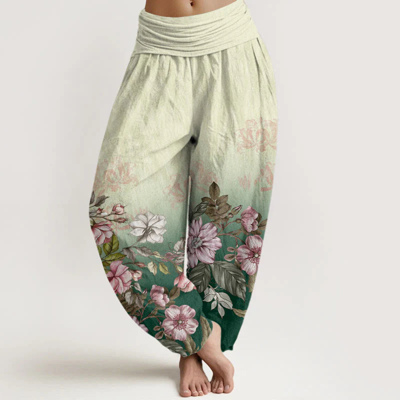 Buddha Stones Cotton Casual Gradient Petals Leaves Pattern Women's Elastic Waist Harem Pants
