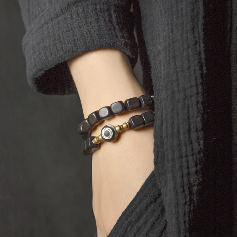 Buddha Stones Ebony Wood Dzi Bead Copper Peace Couple Bracelet
