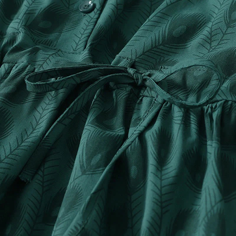 Buddha Stones Spring Grass Vines Print Buttons Design Long Sleeve Midi Dress With Pockets