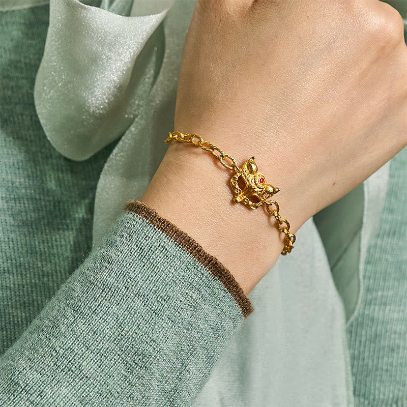 Buddha Stones 24k Gold Plated Brass Fox Design Heart Charm Chain Bracelet