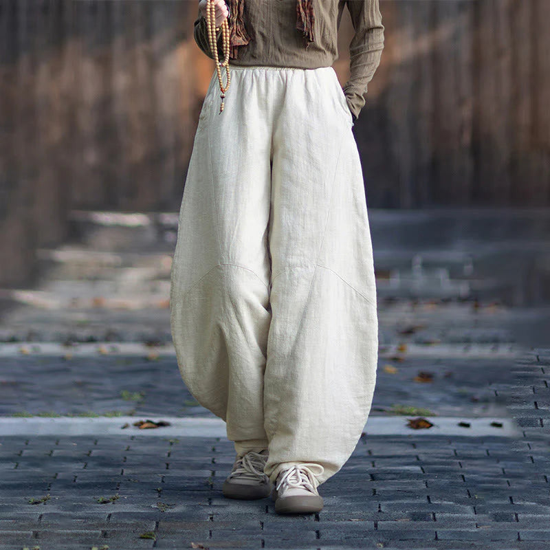Buddha Stones Winter Elastic Waist Ramie Cotton Thermal Women's Pants With Pockets