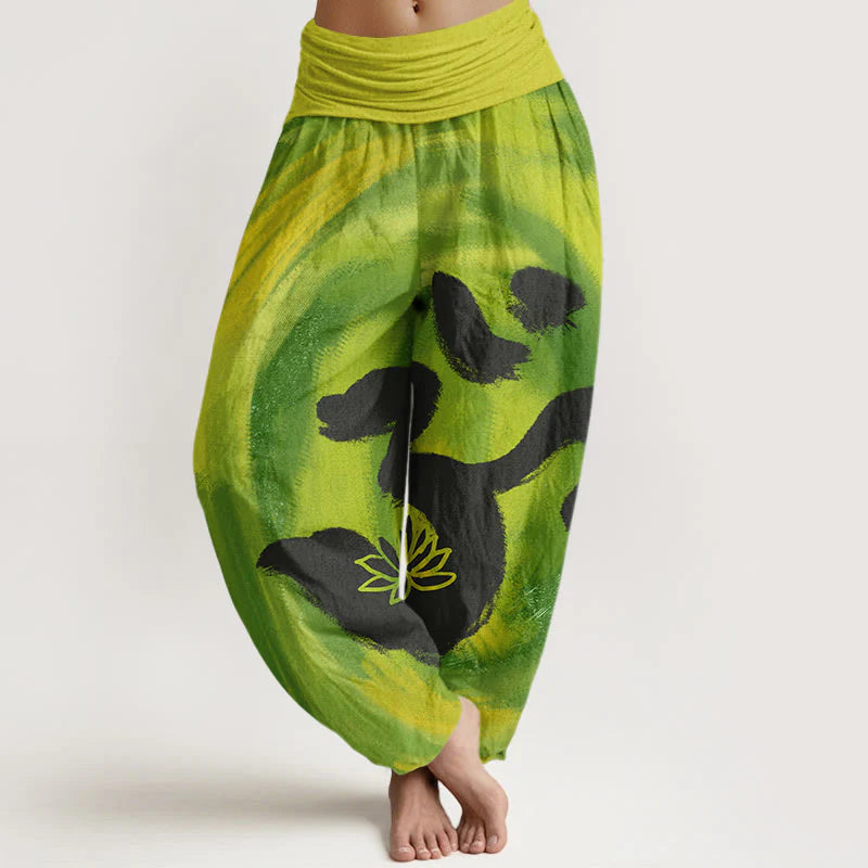Buddha Stones Cotton OM Symbol Lotus Flower Pattern Women's Elastic Waist Harem Pants