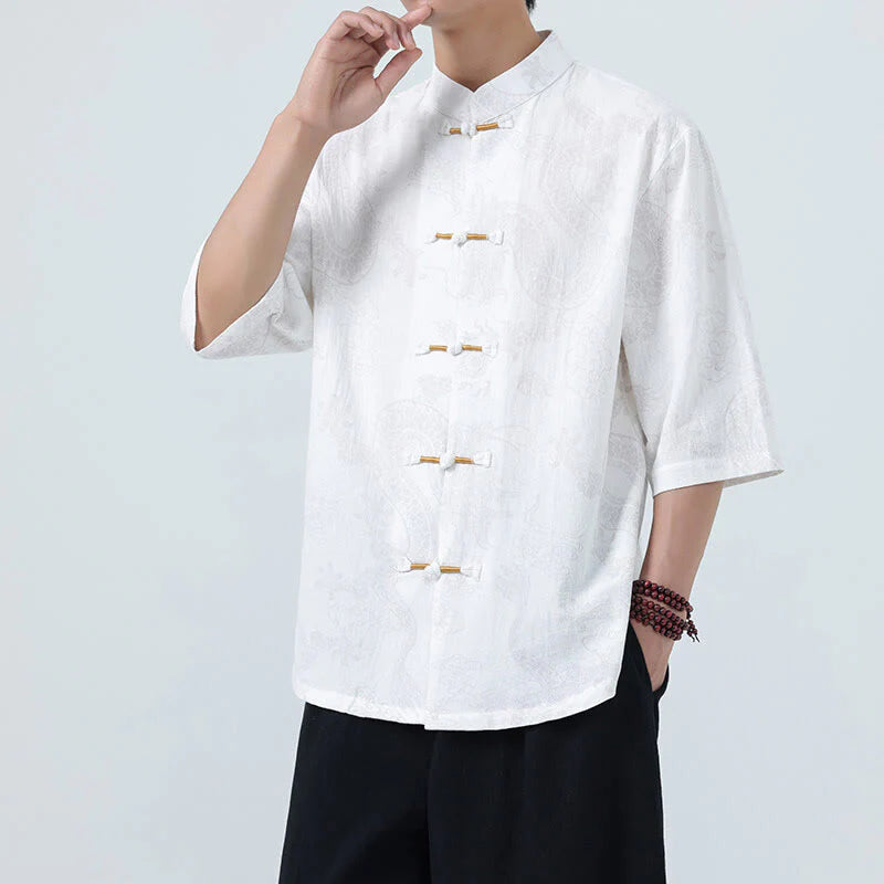 Buddha Stones Summer Dragon Auspicious Clouds Pattern Tang Suit Men's Frog-Button Half Sleeve Cotton Shirt