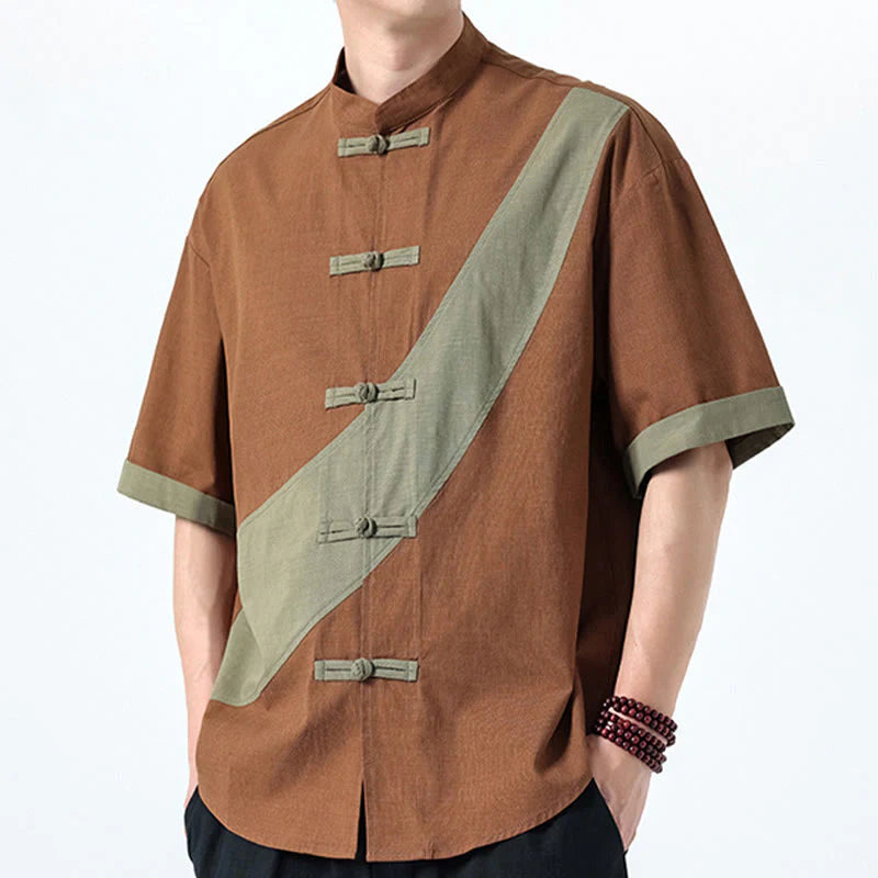 Buddha Stones Spring Color Contrast Chinese Frog-Button Design Men's Half Sleeve Cotton Linen Shirt