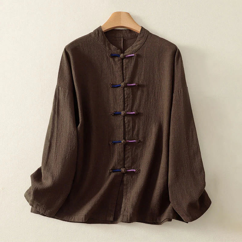 Buddha Stones Plain Chinese Frog-Button Long Sleeve Women's Cotton Linen Zen Clothing Shirt