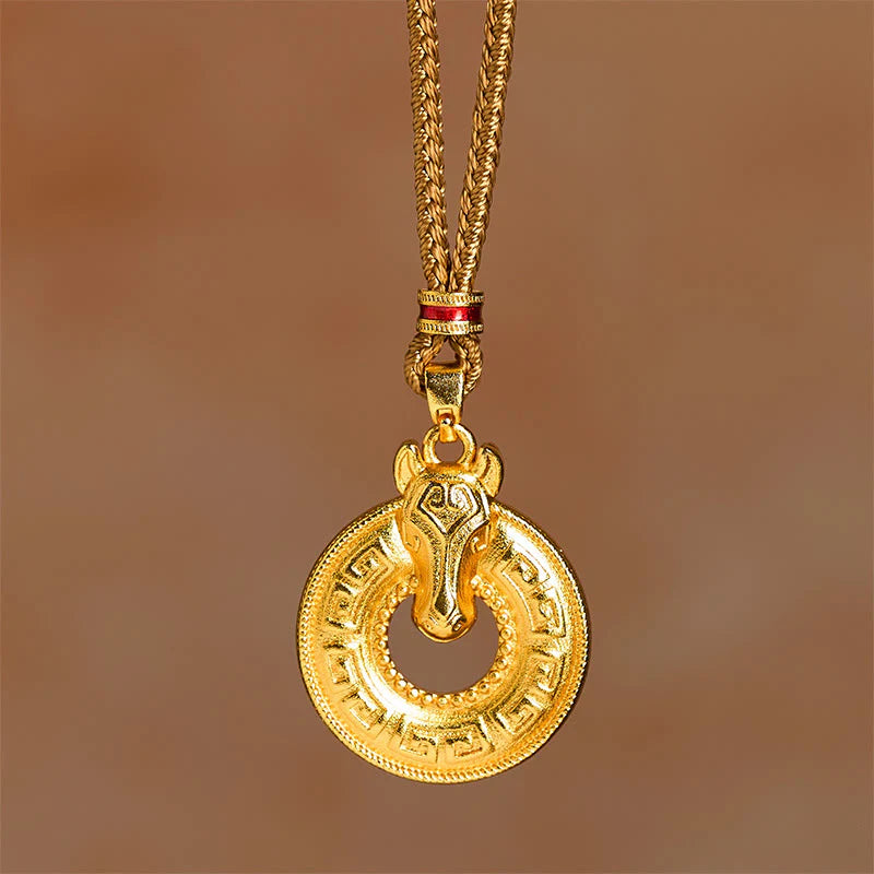 Buddha Stones Year Of The Horse Peace Buckle Fu Character Gold Plated Copper Energy Necklace Pendant