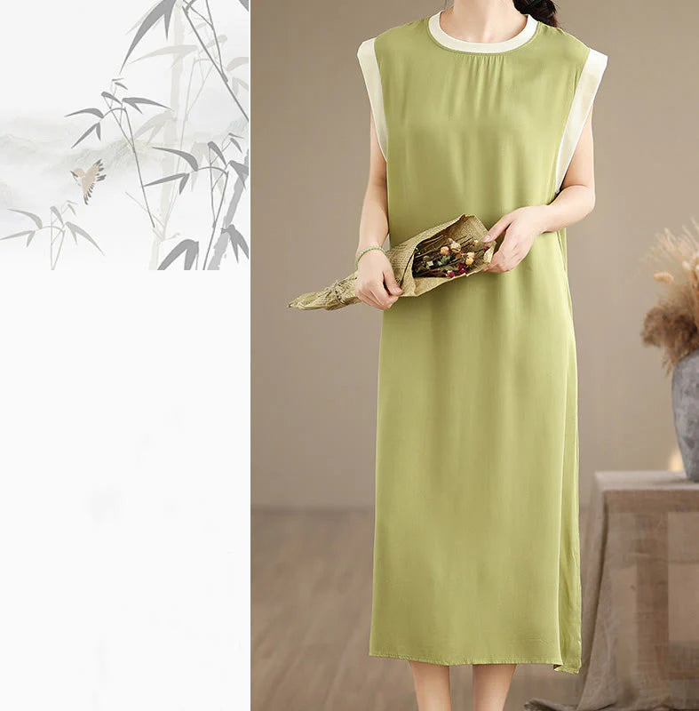 Buddha Stones Pure Color Slit Design Sleeveless Cotton Midi Dress With Pockets