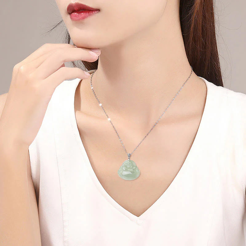 Buddha Stones Natural Jade Laughing Buddha Prosperity Abundance Titanium Steel Chain Necklace Pendant