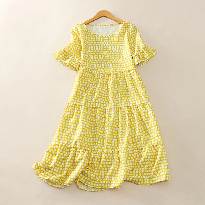 Buddha Stones Summer Elegant Polka Dot A Line Ruffle Hem Short Sleeve Knee Length Dress
