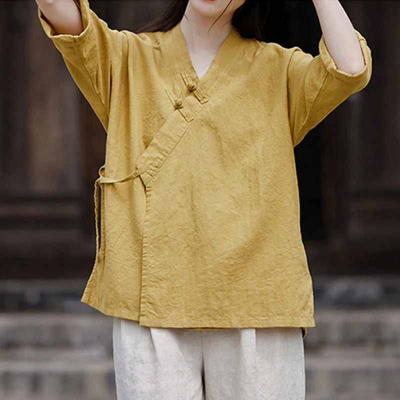 Buddha Stones Vintage  Zen Pure Color Lace Up Side Patchwork Design Women's Cotton Linen Half Sleeve Shirt Cardigan