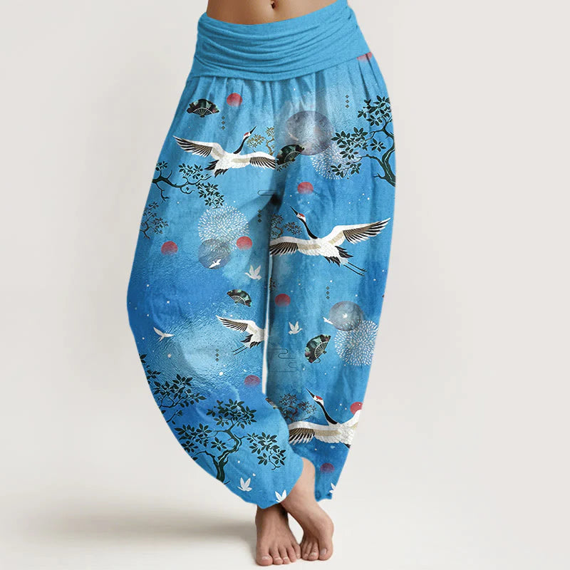 Buddha Stones Cotton Traditional Crane Pine Tree Bird Fan Sun Pattern Women's Elastic Waist Harem Pants
