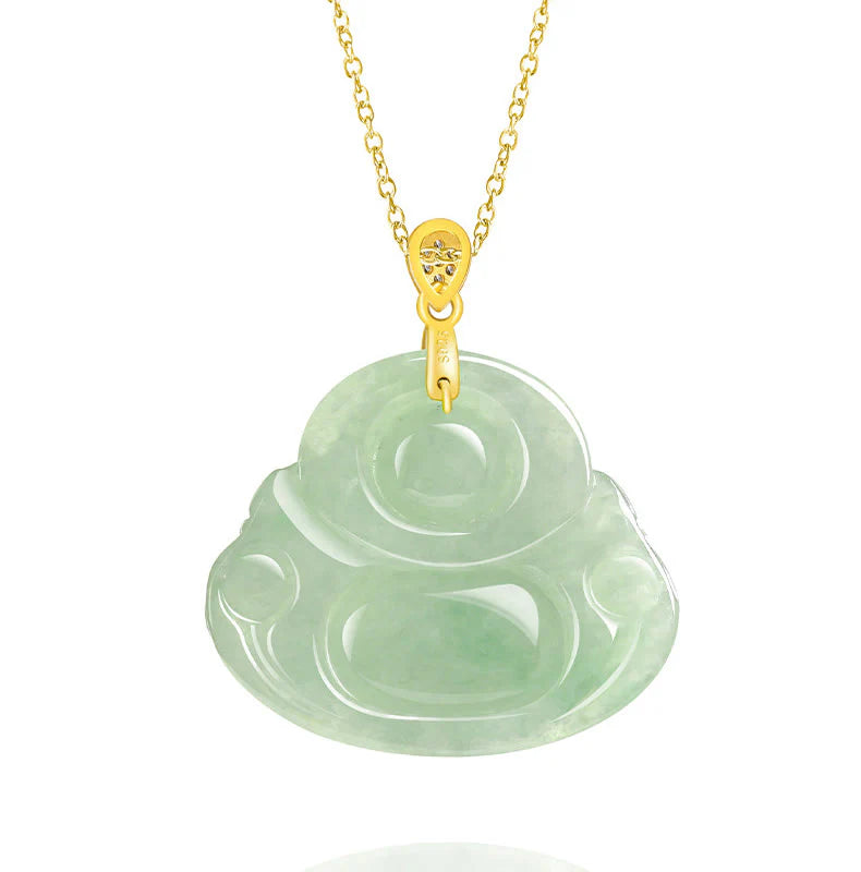 Buddha Stones Natural Jade Laughing Buddha Luck Prosperity Titanium Steel Chain Necklace Pendant