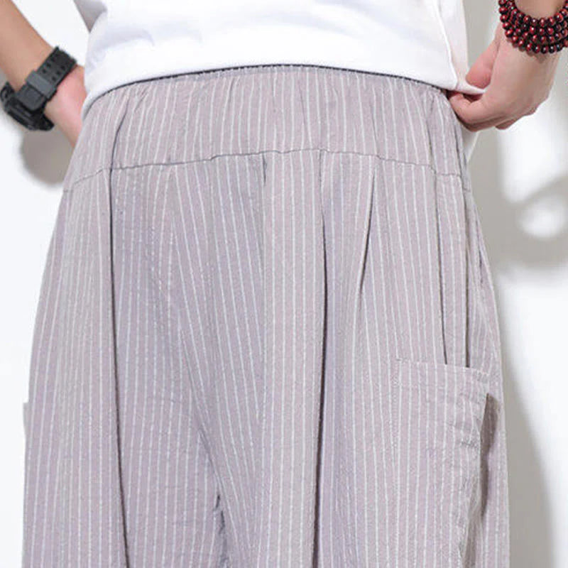 Buddha Stones Casual Striped Men's Cotton 7-8 Length Harem Pants With Pockets