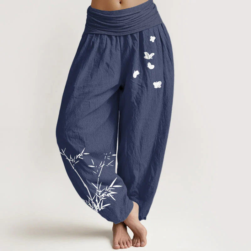 Buddha Stones Pure Cotton Concise Bamboo Butterfly Pattern Women's Elastic Waist Harem Pants
