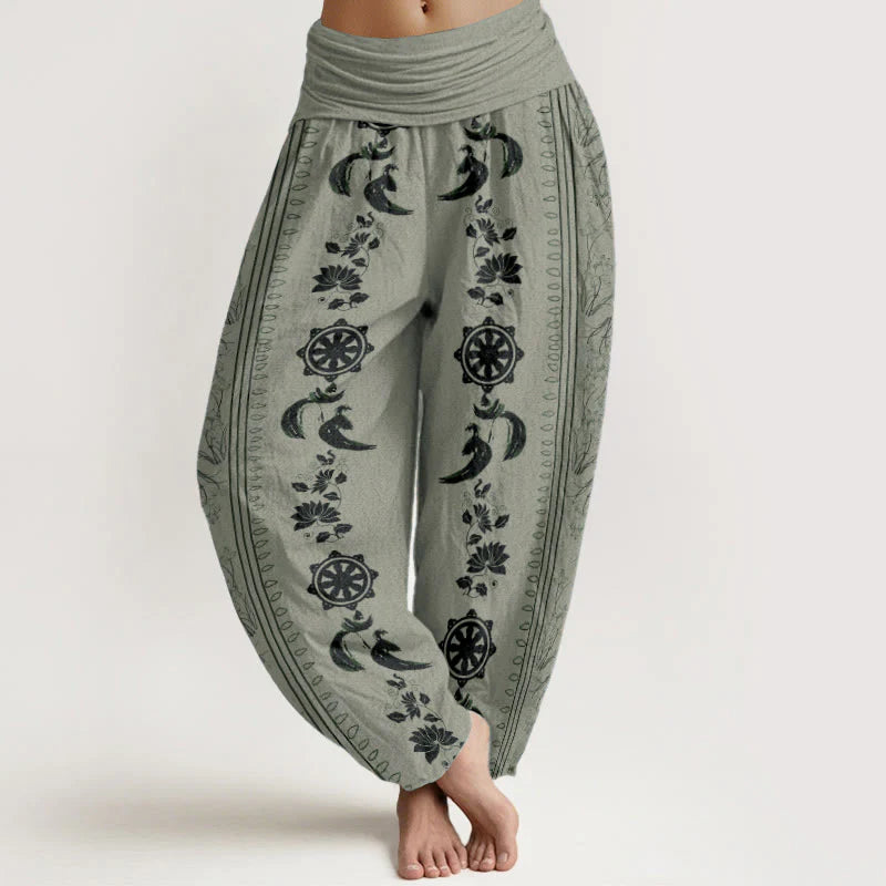 Buddha Stones Pure Cotton Dharma Wheel Lotus OM Pattern Women's Elastic Waist Harem Pants