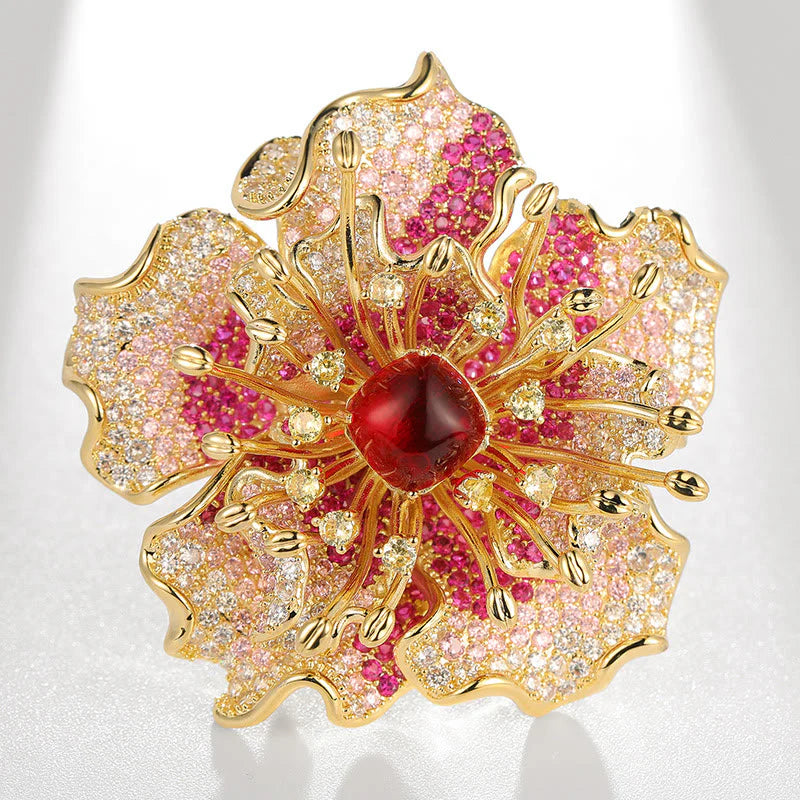 Buddha Stones Peony Flower Prosperity Copper Brooch