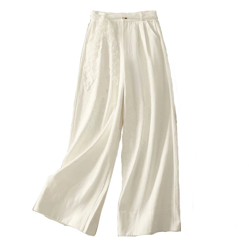 Buddha Stones Daily Solid Color Lace Belt Women's Wide Leg Cotton Pants With Pockets