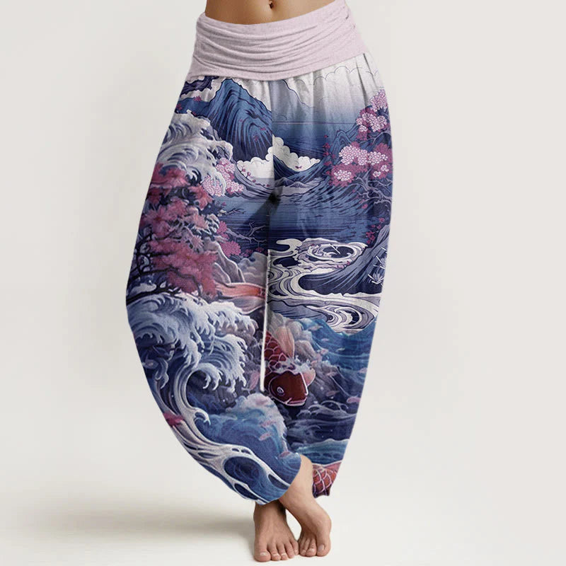 Buddha Stones Cotton Casual Blossoming Tree Koi Fish Wave Mountain Pattern Women's Elastic Waist Harem Pants
