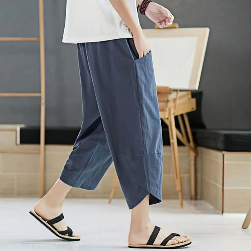 Buddha Stones Summer Men's Solid Color 7-8 Length Cotton Linen Drawstring Pants With Pockets