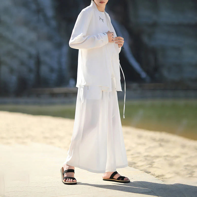 Buddha Stones 2Pcs Fall Lace-up Bamboo Embroidery Cotton Kimono Ankle-Length Pants With Pockets Men's Meditation Cloth Set