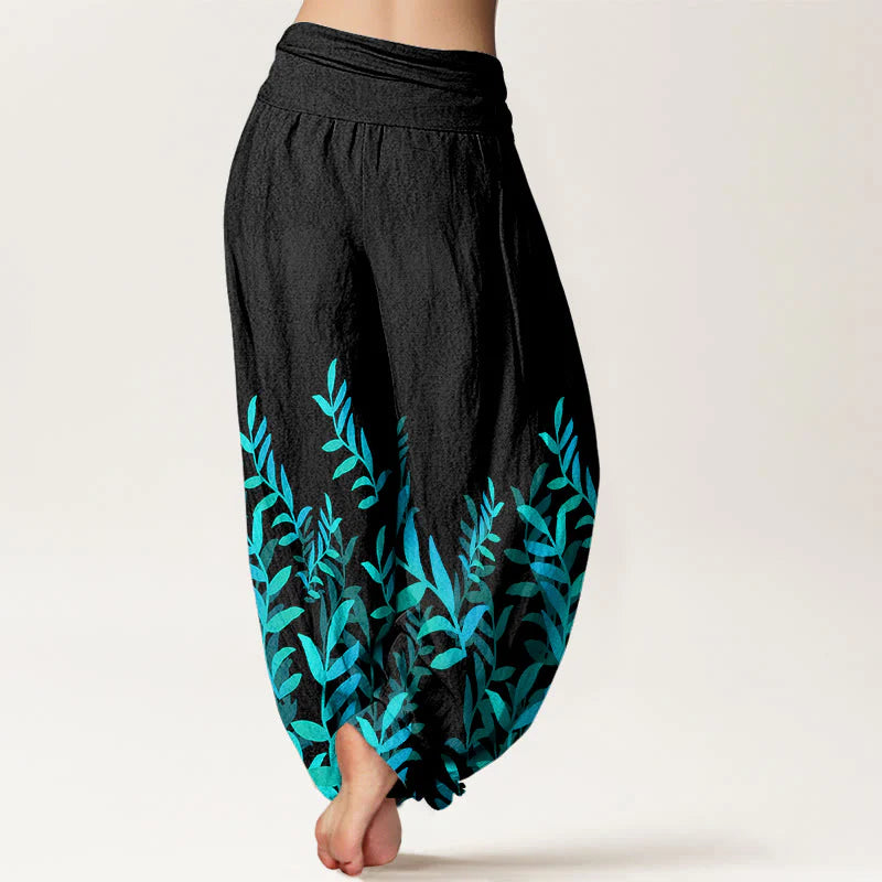 Buddha Stones Cotton Casual Leaves Pattern Women's Elastic Waist Harem Pants