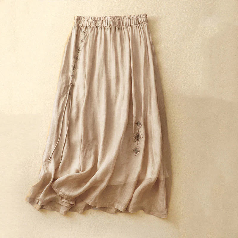 Buddha Stones Ethnic Vintage Embroidery Button Design Women's Cotton Linen 7-8 Length Skirt