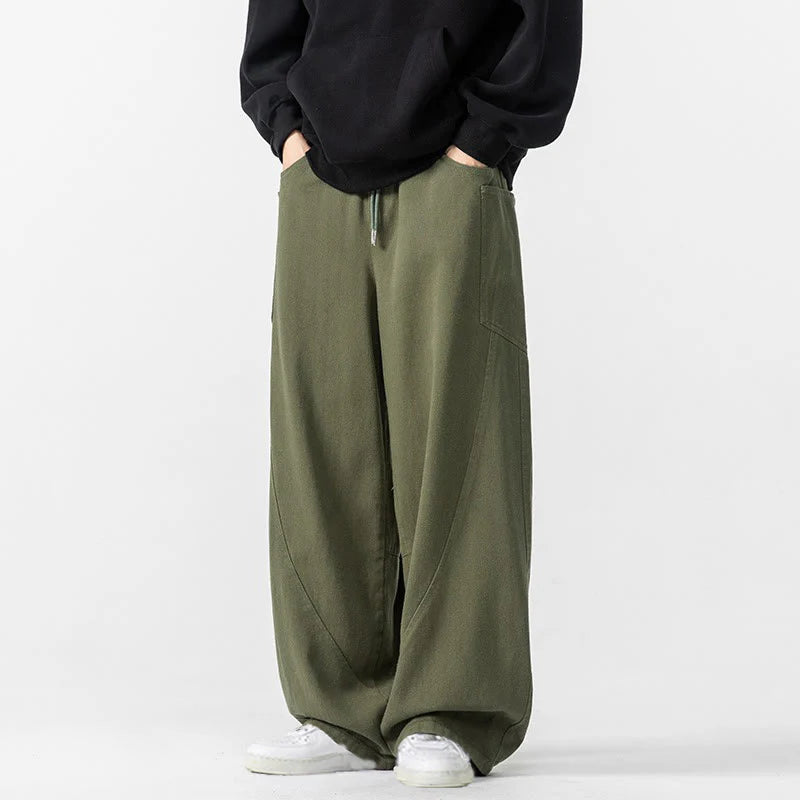 Buddha Stones Fall Pure Color Men's Wide Leg Cotton Drawstring Pants With Pockets