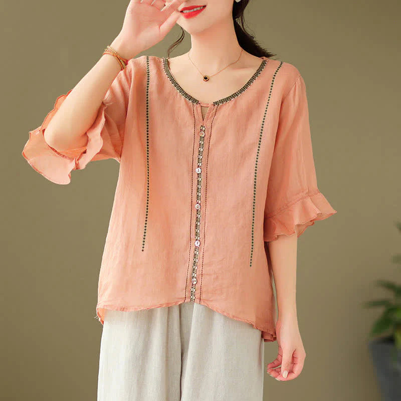 Buddha Stones Embroidery Buttons Crew Neck Flared Short Sleeve Women's Shirt