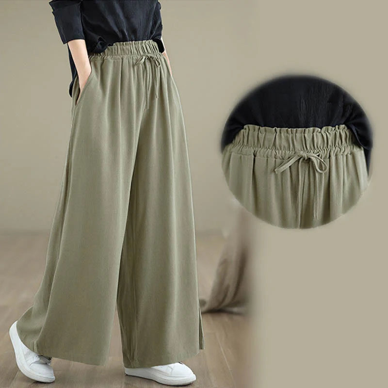 Buddha Stones Women's Pure Color Drawstring Cotton Linen Wide Leg Ankle-Length Pants With Pockets