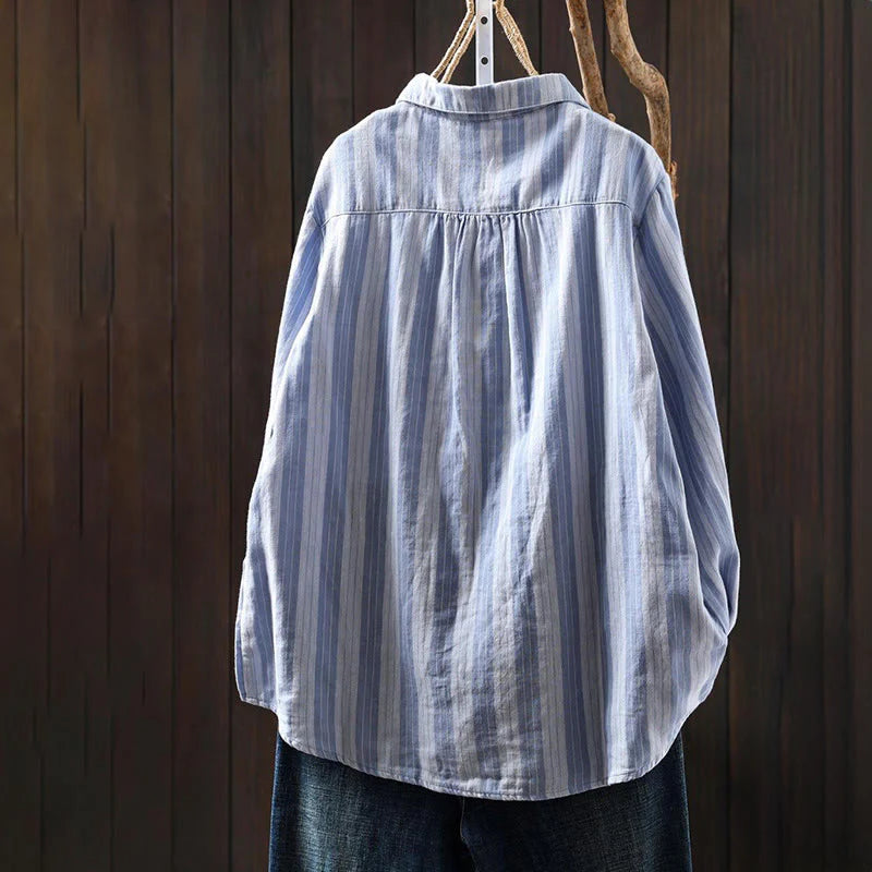 Buddha Stones Fall Vertical Stripes Button Down Stand Collar Long Sleeve Women's Cotton Shirt