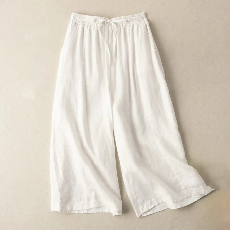 Buddha Stones Plain Color 7-8 Length Capri Cropped Pants Cotton Linen Women's Wide Leg Pants With Pockets