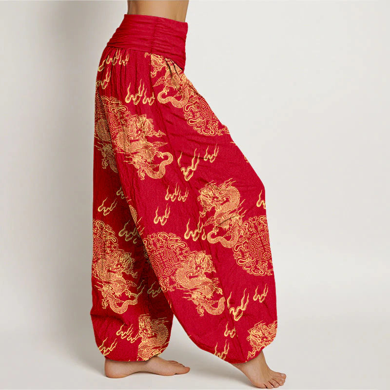 Buddha Stones Pure Cotton Double Dragon Cloud Pattern Women's Elastic Waist Harem Pants
