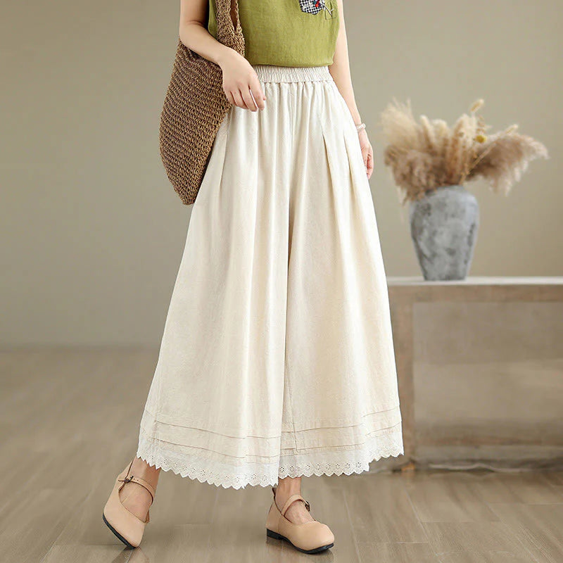 Buddha Stones Commute Simple Lace Design 7-8 Length Women's Wide Leg Cotton Linen Pants With Pockets