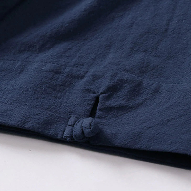 Buddha Stones Summer Simple V-Neck Short Sleeve Cotton Linen Men's Shirt