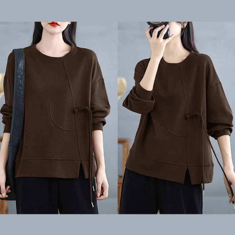 Buddha Stones Plain Frog-button Design Crew Neck Cotton Women's Long Sleeve Sweatshirt