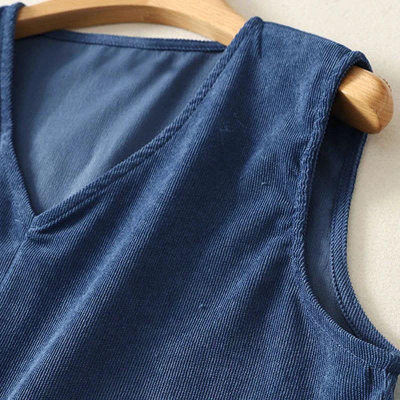 Buddha Stones Spring Retro DarkBlue Plain Sleeveless Midi Dress With Pockets