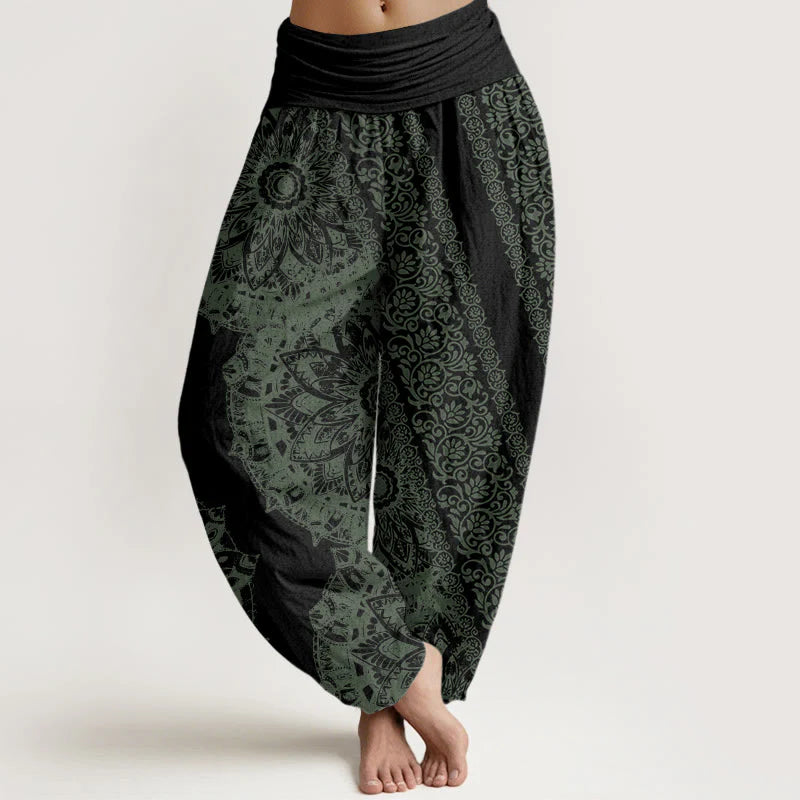 Buddha Stones Cotton Mandala Pattern Parallel Flowers Women's Elastic Waist Harem Pants