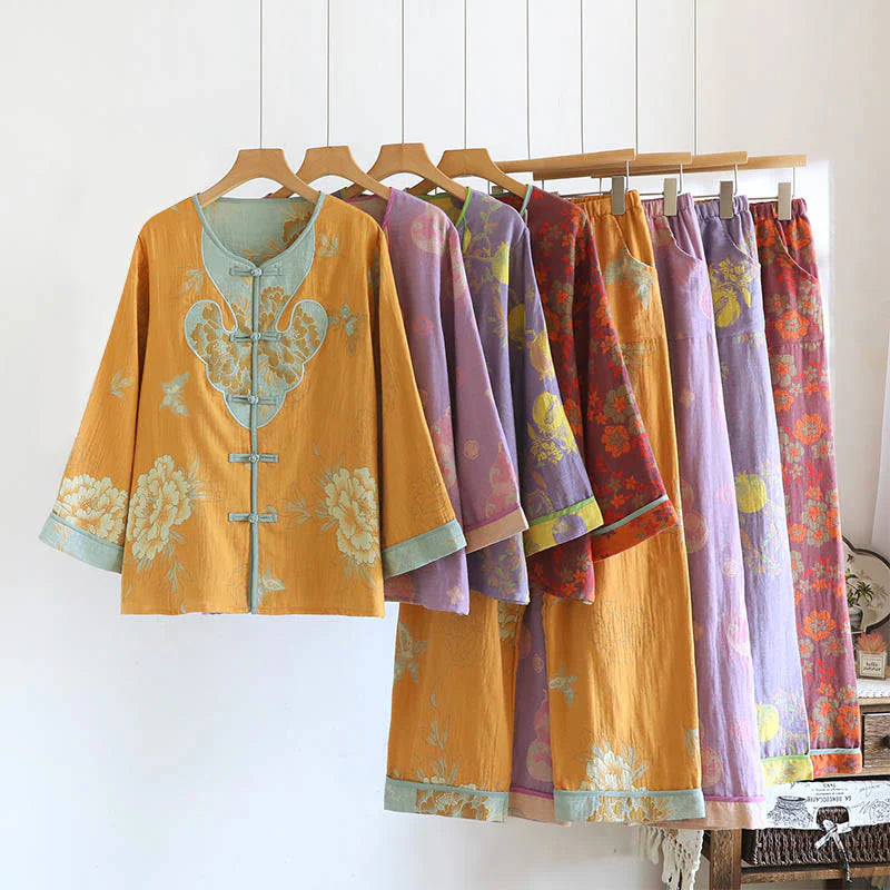 Buddha Stones 2pcs Frog-Button Printed Long Sleeve Cardigan Shirt Pants With Pockets Cotton Set
