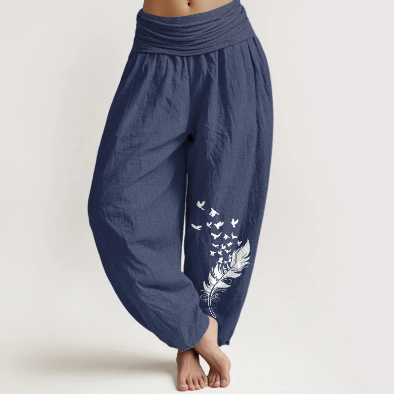 Buddha Stones Pure Cotton Vivid Bird Feather Pattern Women's Elastic Waist Harem Pants