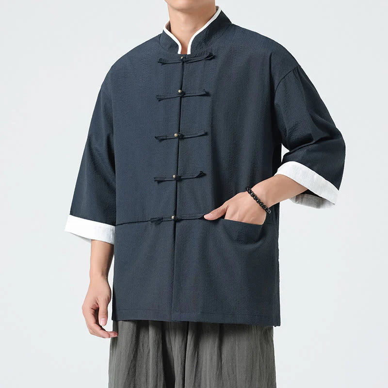 Buddha Stones Spring Solid Color Three Quarter Sleeve Tang Suit Men's Buttons Shirt With Pockets