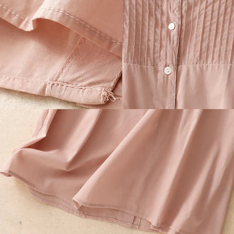 Buddha Stones Summer Pure Color Ruffled Pleated Design Women's Cotton Short Sleeve Shirt