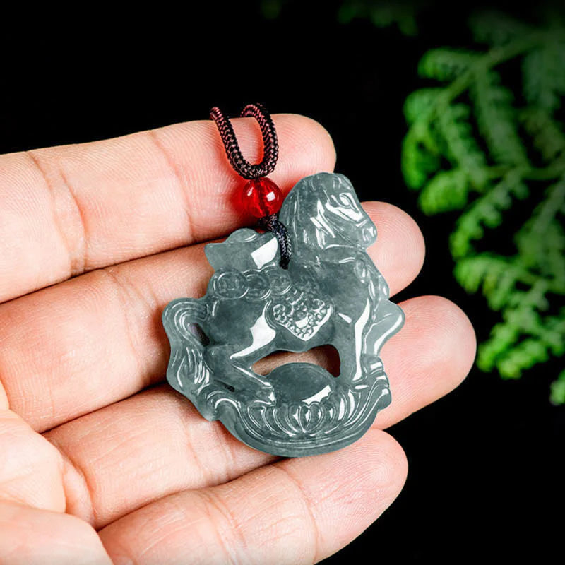 Buddha Stones Year of the Horse Jade Ingot Luck Prosperity Rope Necklace Pendant
