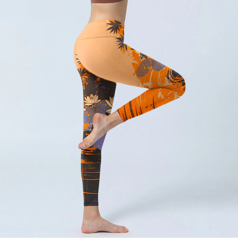 Buddha Stones Lotus Flowers Leaves Water Ripples Pattern Print Gym Leggings Women's Yoga Pants