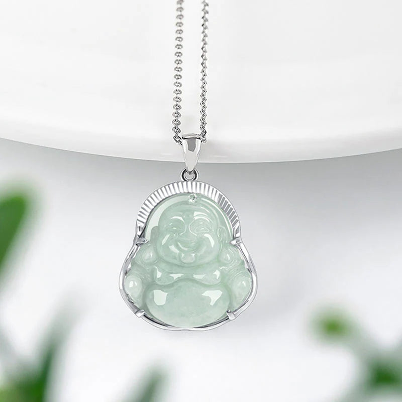 Buddha Stones Laughing Buddha Jade Luck Calm Titanium Steel Chain Necklace Pendant