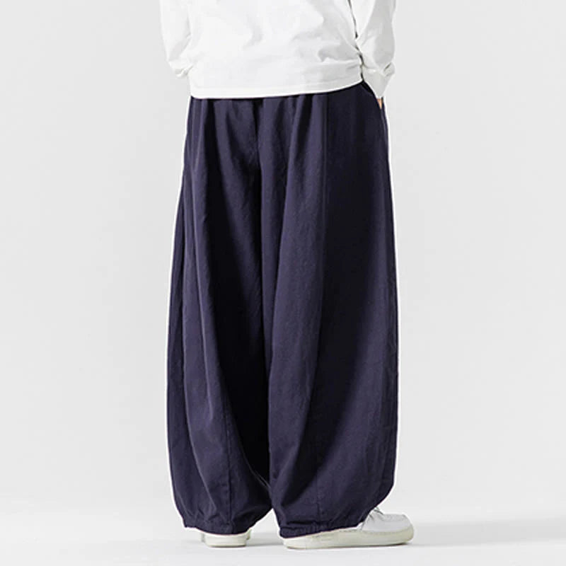 Buddha Stones Winter Commute Plain Drawstring Design Men's Wide Leg Cotton Pants With Pockets