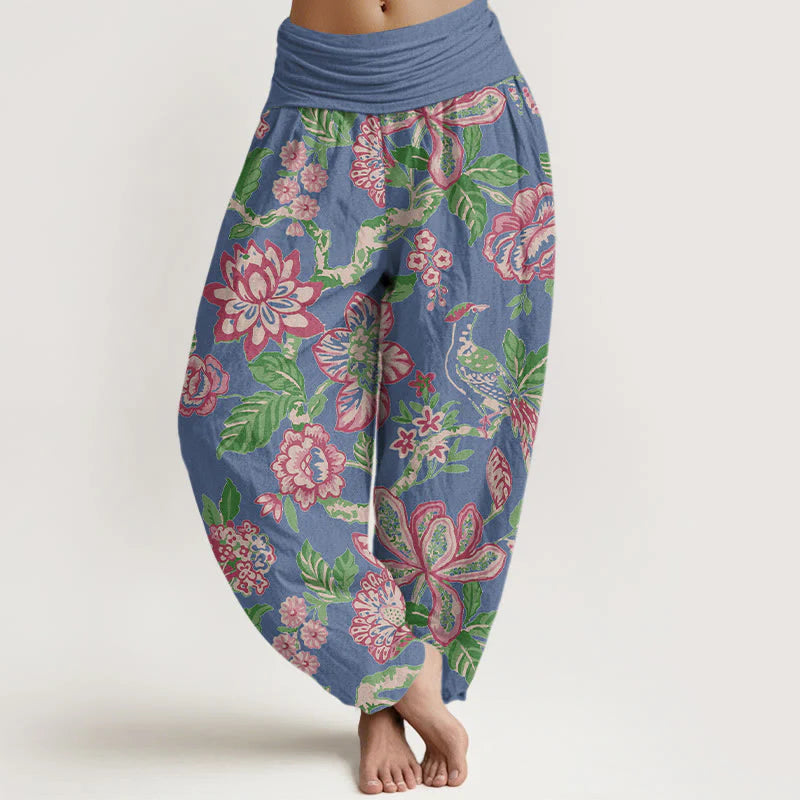 Buddha Stones Pure Cotton Bold Colors Flowers Leaves Branches Bird Pattern Women's Elastic Waist Harem Pants
