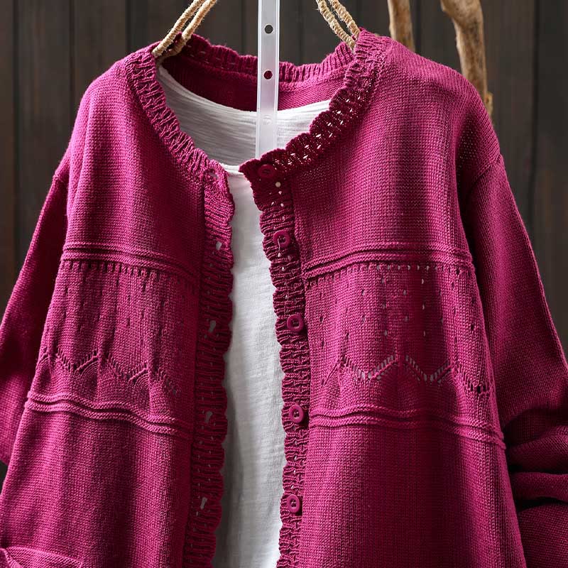 Buddha Stones Fall Lace Buttons Cotton Women's Long Sleeve Knitted Cardigan Sweater With Pockets
